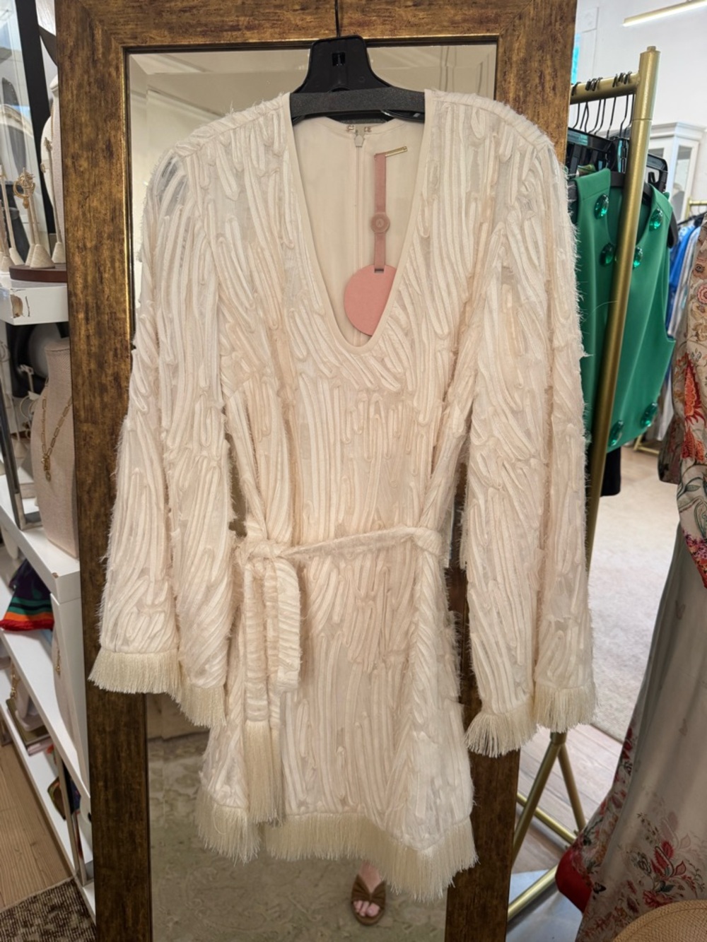 Alexis Cream Textured Fringe V-Neck Belted Mini Dress NWT